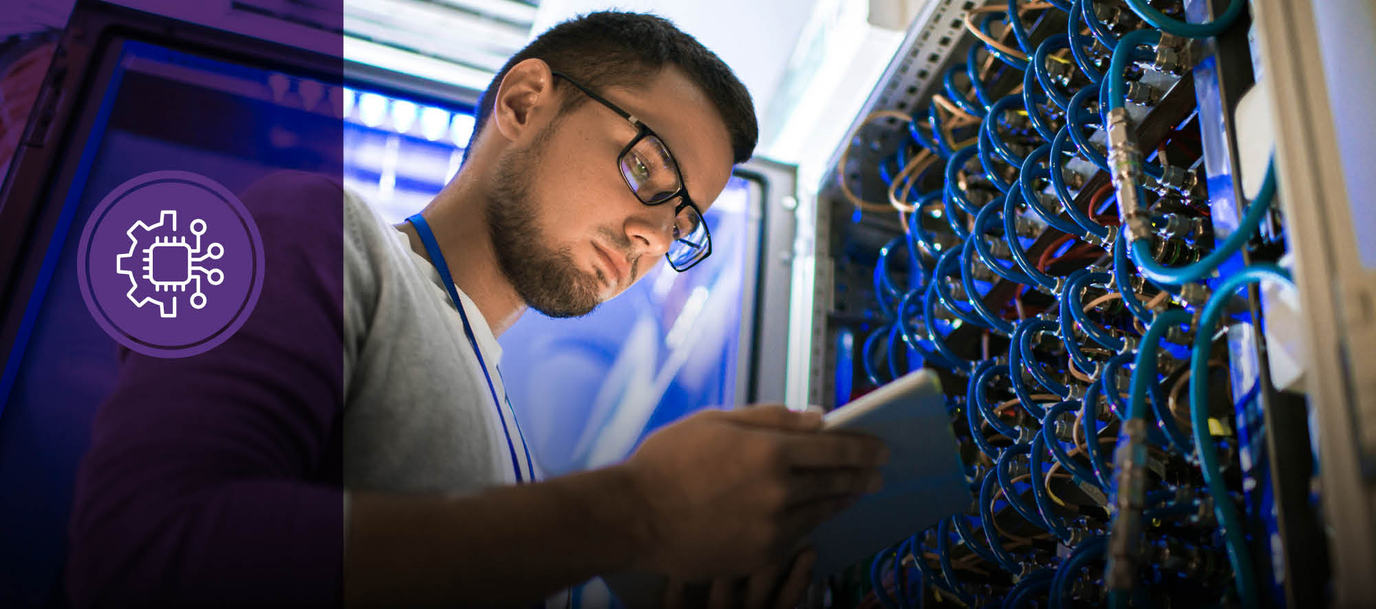 Network engineering student working on server