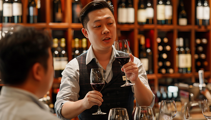 Sommelier describes vintage wine to customer in tasting room