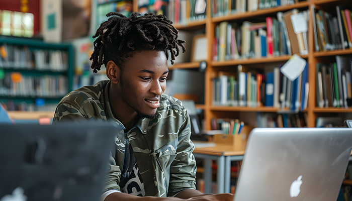 Student working on a laptop on a writing assignment in the library