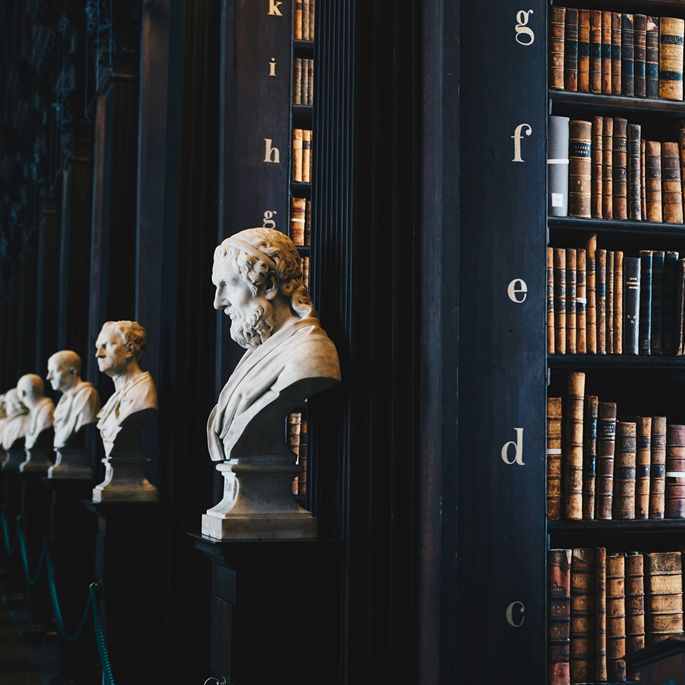 Academic ibrary with busts and books