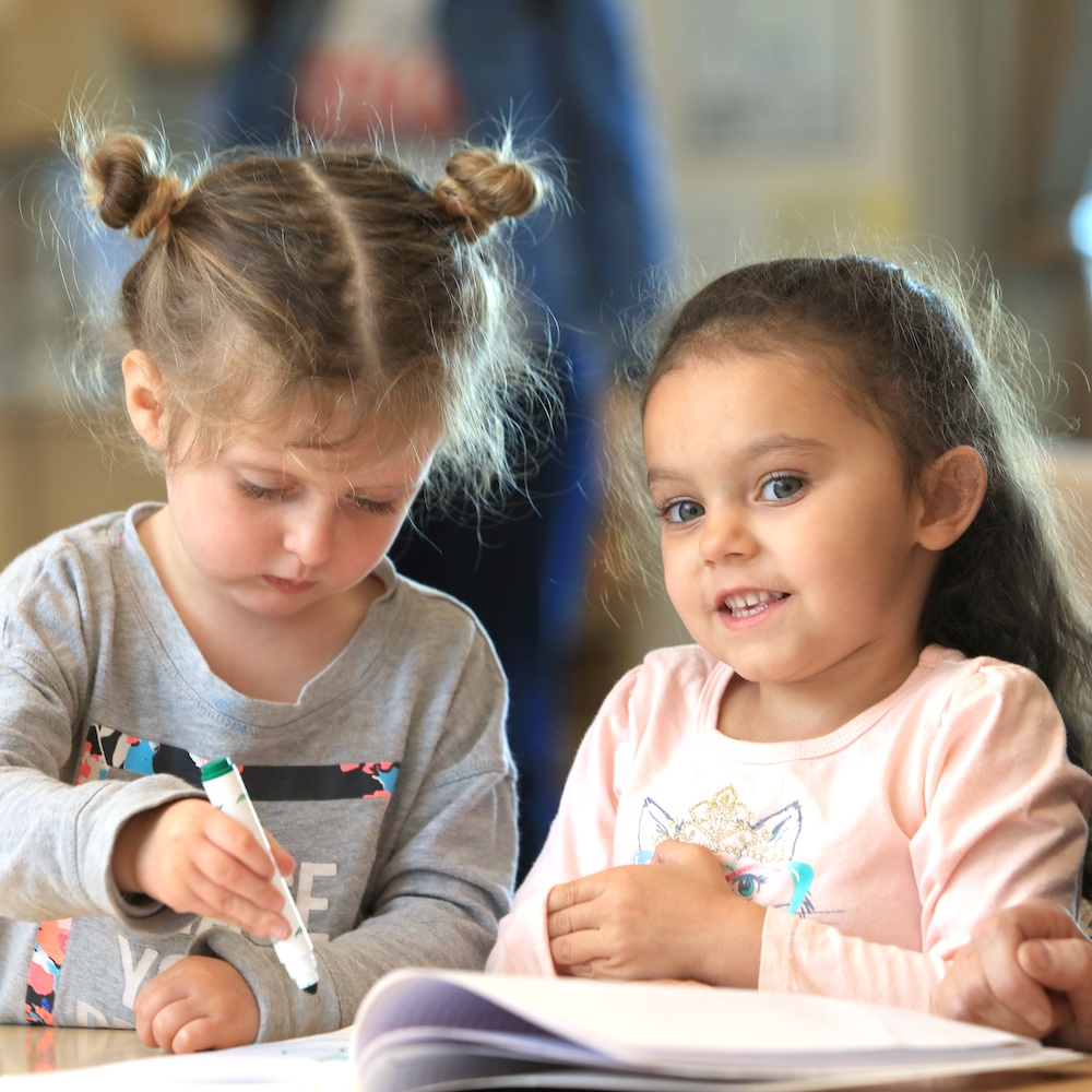 Two Children Reading Book Together, One is about to Color on the Book with a Marker