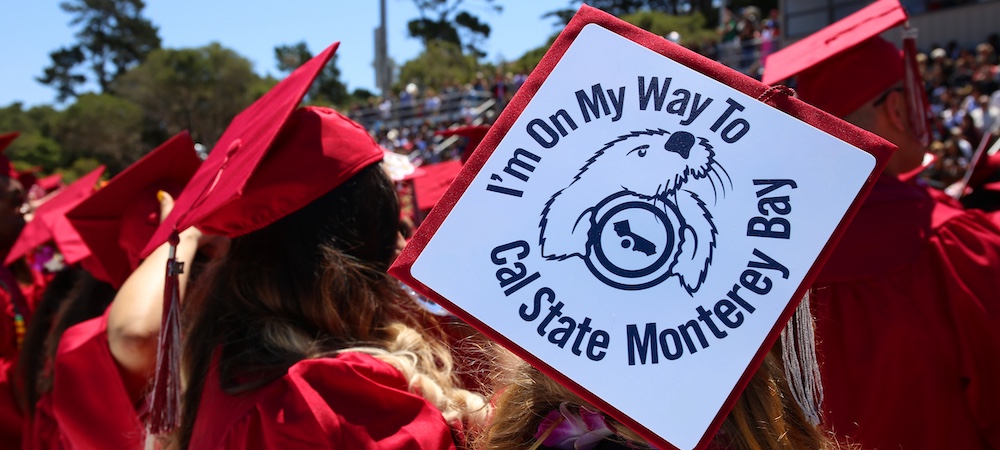 Back of Student Wearing Graduation Cap Decorated to say I'm on My Way to Cal State Monterey Bay