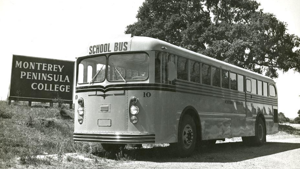 School Bus next to Monterey Peninsula College Sign from 1950